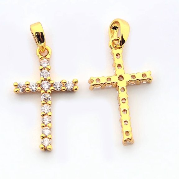 10pc Brass Micro Pave Cubic Zirconia Pendants Cadmium Free & Nickel Free & Lead Free Latin Cross Golden 21x12x3mm Hole: 3x2mm