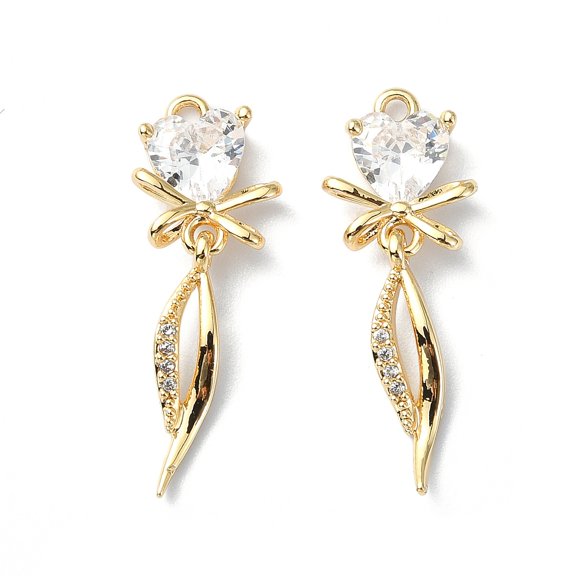 10pc Brass Micro Pave Cubic Zirconia Pendants Heart Real 18K Gold Plated 26.5x9x3.5mm Hole: 1.2mm