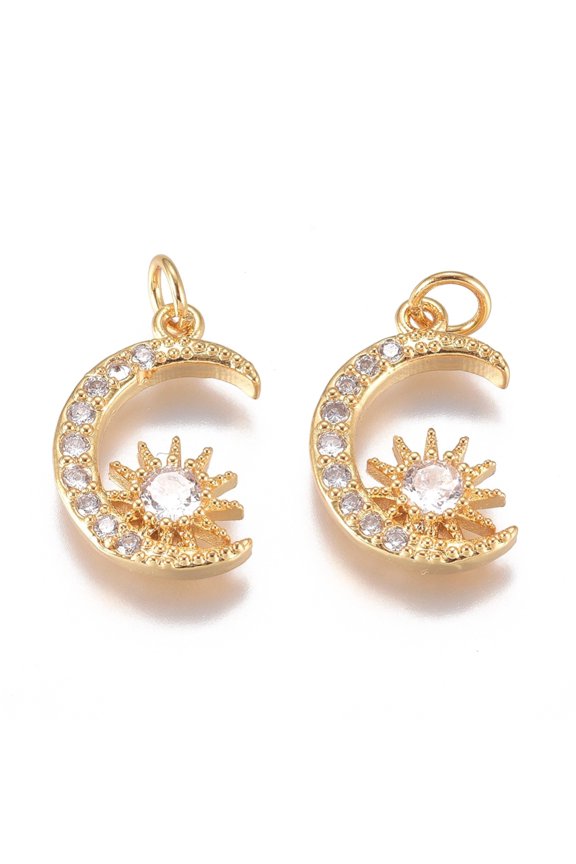 10pc Brass Micro Pave Cubic Zirconia Pendants with Jump Ring Long-Lasting Plated Moon with Sun Clear Golden 15x10x3mm Hole: 3mm DIY