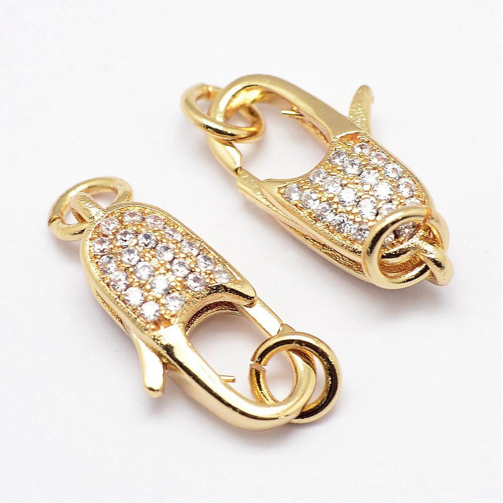 10pc Brass Micro Pave Grade AAA Cubic Zirconia Lobster Claw Clasps Lead Free & Nickel Free Real 18K golden Plated 19x10x6mm Hole 3mm DIY