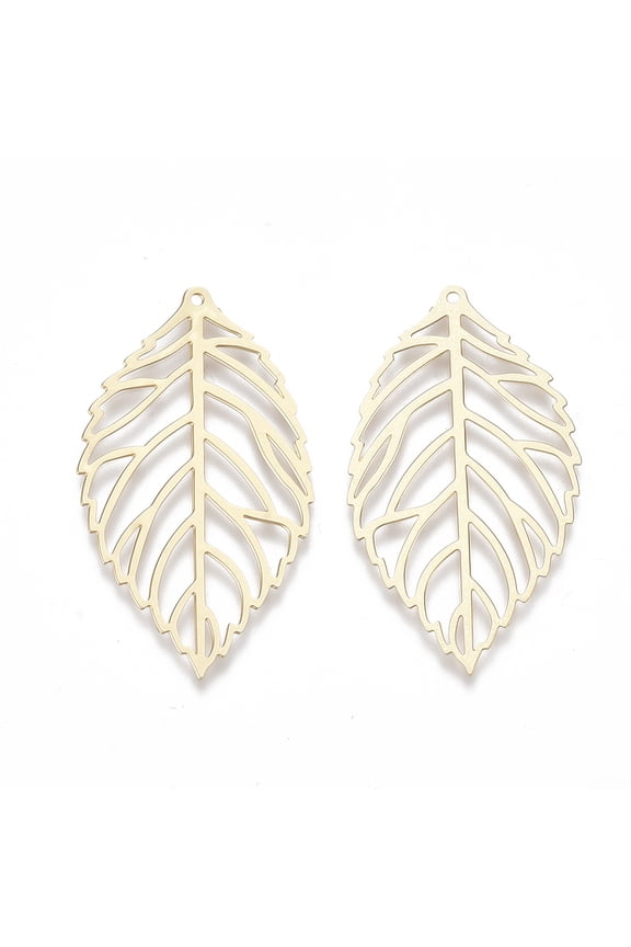 10pc Brass Pendants Etched Metal Embellishments Matte Style Leaf Matte Gold Color 34.5x19x0.3mm Hole: 1mm