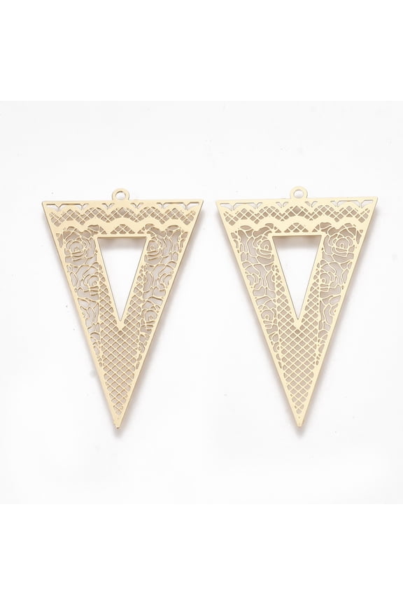 10pc Brass Pendants Etched Metal Embellishments Triangle Light Gold 42x26x0.3mm Hole: 1.5mm