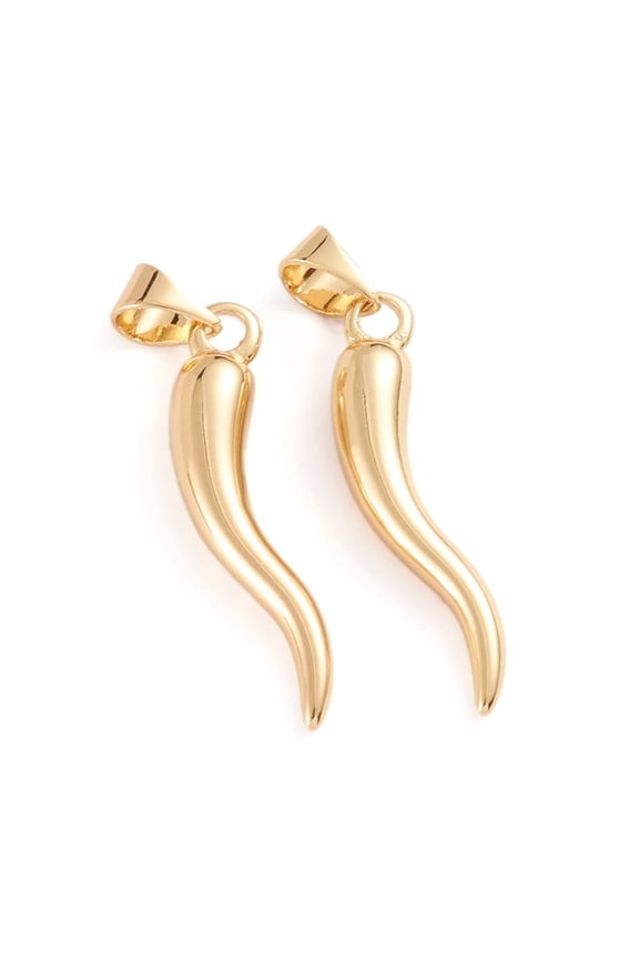 10pc Brass Pendants Horn of Plenty/Italian Horn Cornicello Charms Real 18K Gold Plated 26x6x5mm Hole: 5.5x4mm