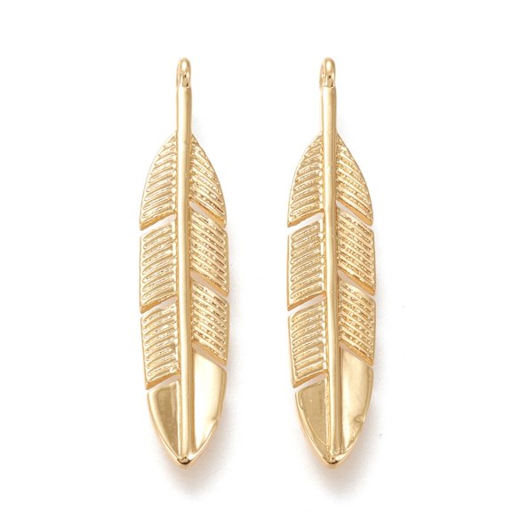 10pc Brass Pendants Long-Lasting Plated Feather Real 18K Gold Plated 33x6.5x1.5mm Hole: 1.4mm