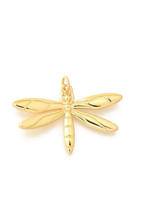 10pc Brass Pendants with Jump Ring Long-Lasting Plated Lead Free & Cadmium Free Dragonfly Charms Real 18K Gold Plated 20x31x3mm Hole: 3.5mm