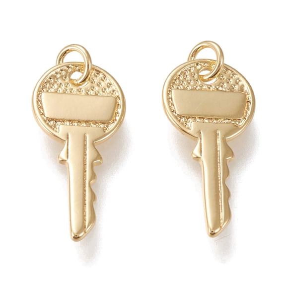 10pc Brass Pendants with Jump Rings Long-lasting Plated Key Golden 19x9x1mm Hole: 2.4mm