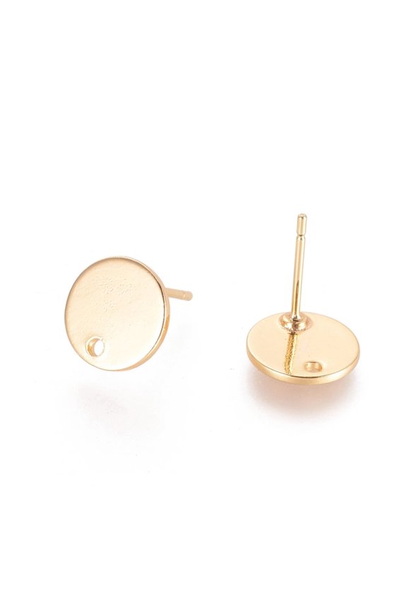 10pc Brass Stud Earring Findings with Hole Flat Round Nickel Free Real 18K Gold Plated 10mm Hole: 1mm Pin: 0.8mm