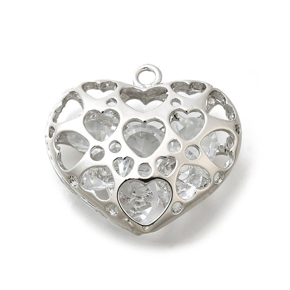 10pc Brass with Cubic Zirconia Pendants Hollow Heart Charms Platinum 23x25x13mm Hole: 2mm