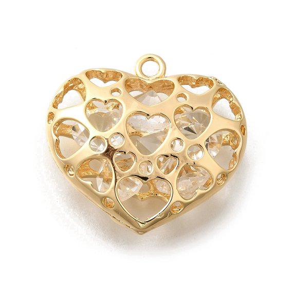 10pc Brass with Cubic Zirconia Pendants Hollow Heart Charms Real 18K Gold Plated 23x25x13mm Hole: 2mm