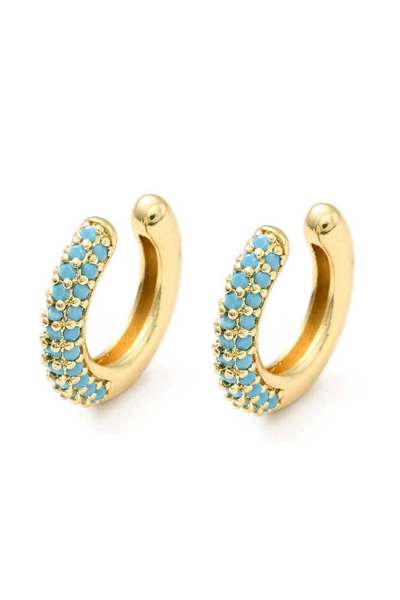 10pc Cubic Zirconia C-Shaped Cuff Earrings Gold Plated Brass Jewelry for Non-pierced Ears Cadmium Free & Lead Free Light Sky Blue 14x15x3mm