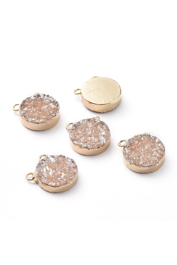10pc Electroplate Natural Druzy Agate Charms with Light Gold Plated Brass Findings Flat Round 14.5x12x4mm Hole: 1.7mm