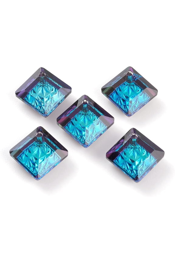 10pc Embossed Glass Rhinestone Pendants Abnormity Embossed Style Bermuda Blue Diagonal Length: 13mm Side Length: 10mm 13x13x5mm Hole: 1.2mm