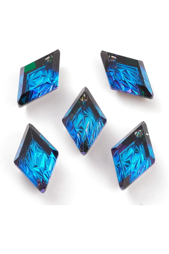 10pc Embossed Glass Rhinestone Pendants Rhombus Faceted Bermuda Blue 13x8x4.2mm Hole: 1.2mm
