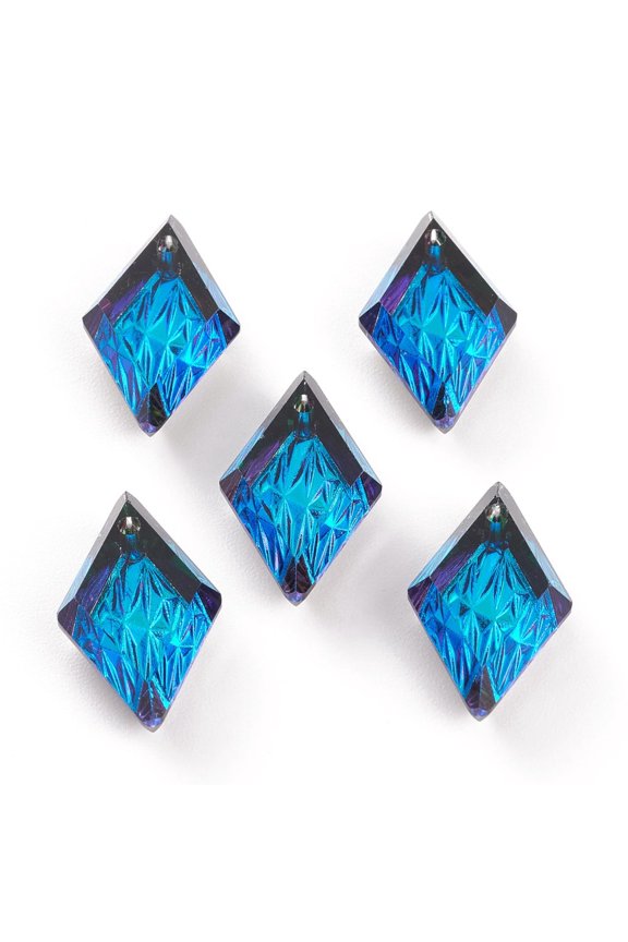 10pc Embossed Glass Rhinestone Pendants Rhombus Faceted Bermuda Blue 19x12x6mm Hole: 1.5mm