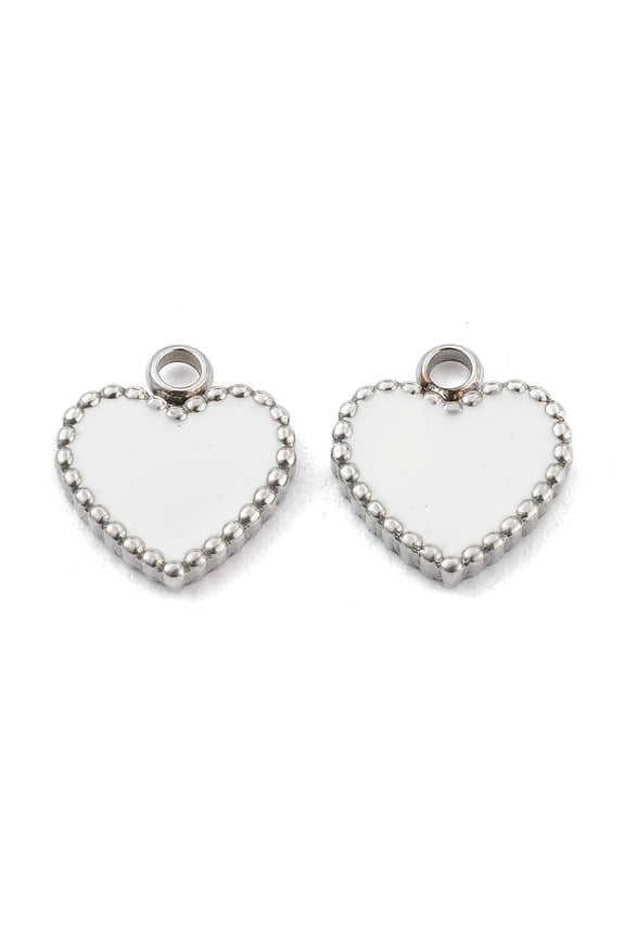 10pc Fashion 304 Stainless Steel Enamel Pendants Flat Heart White Stainless Steel Color 11x10x2mm Hole: 1.8mm