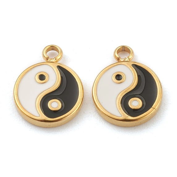 10pc Fashion Silver Enamel Charms Flat Round with Tai Ji Golden 13x10x2mm Hole: 1.8mm