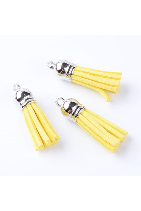 10pc Suede Tassel Pendant Decorations with CCB Plastic Cord Ends Platinum Yellow 35~37x10mm Hole: 1.8mm
