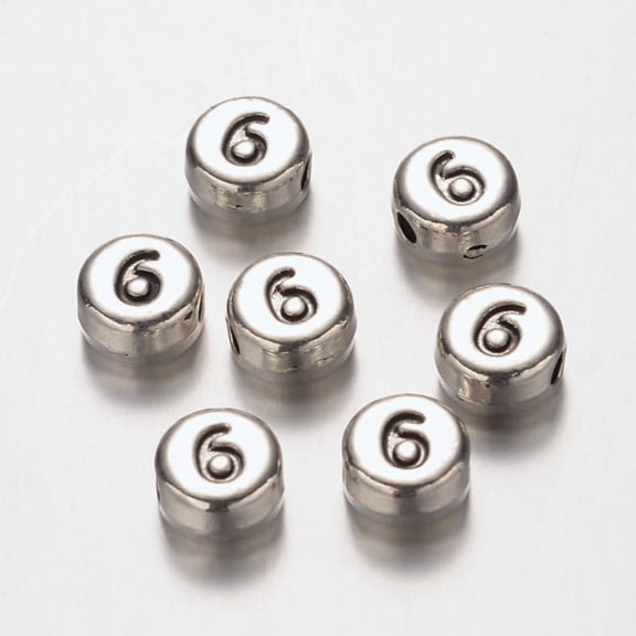 10pc Flat Round Silver Tone Alloy Number Beads Num.6 7x4mm Hole: 1.2mm DIY