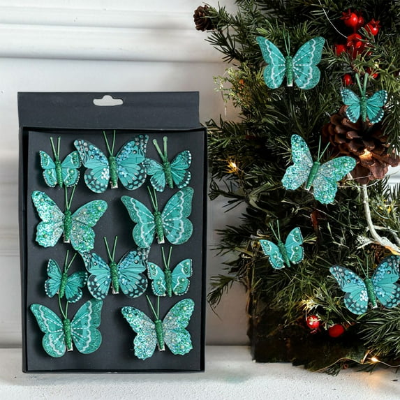 10pc Glittering Hollow Butterfly Ornaments with Easy Clip-On for Christmas Tree Decorations, Realistic Faux Finish Festive Hanging Decor for Holiday Party Home Decor