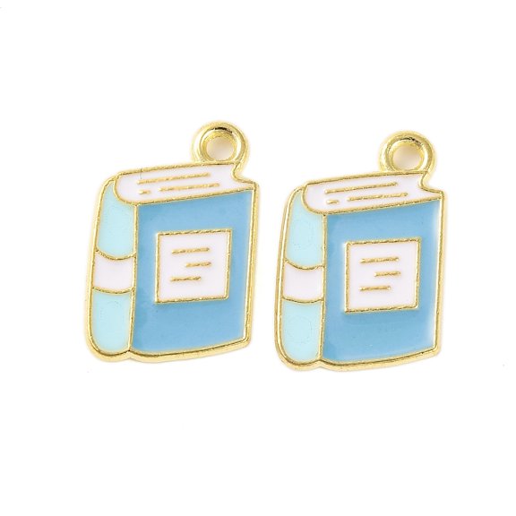 10pc Golden Plated Alloy Enamel Pendants Cadmium Free & Lead Free Book Charm Light Sky Blue 17x11x1mm Hole: 1.6mm
