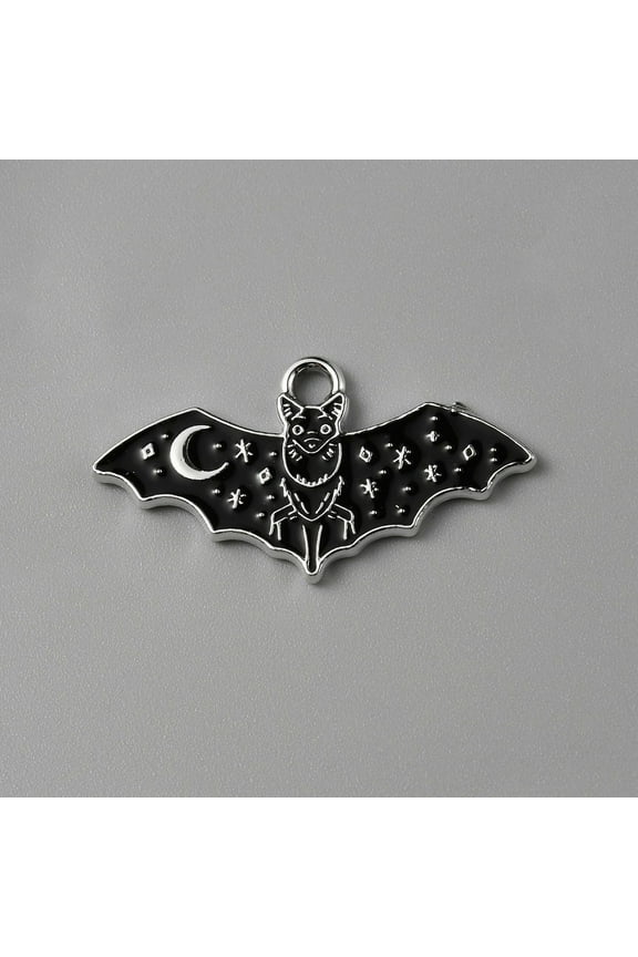 10pc Halloween Alloy Enamel Pendants Platinum Bat Charm Black 13.5x25.5x1mm Hole: 2mm DIY