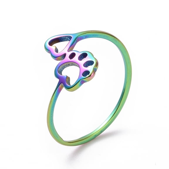 10pc Ion Plating(IP) 201 Stainless Steel Paw Print and Heart Finger Ring Hollow Wide Ring for Women Rainbow Color US Size 6 1/2(16.9mm)
