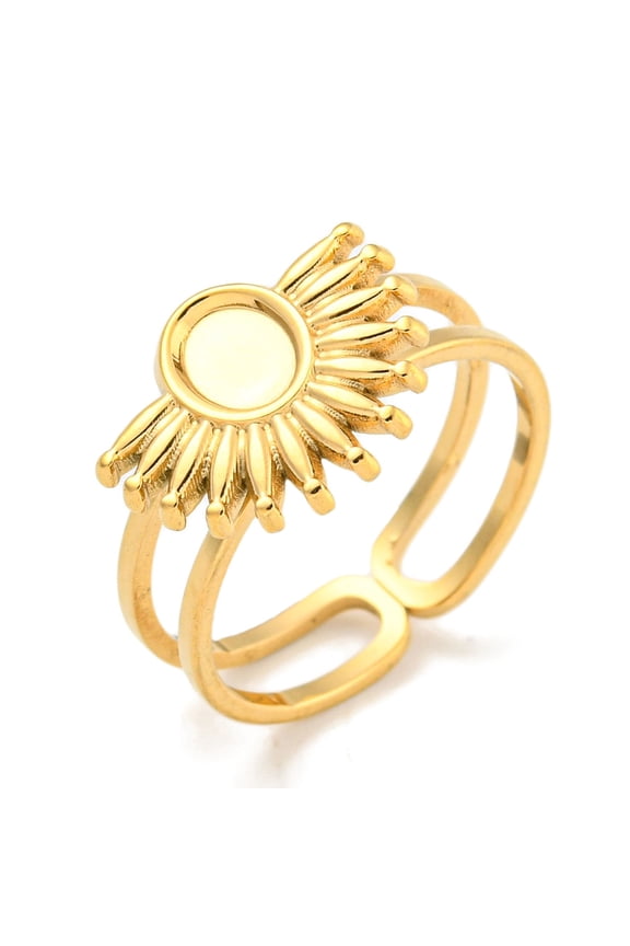 10pc Ion Plating(IP) 304 Stainless Steel Sun Open Cuff Ring Components Pad Ring Setting Real 18K Gold Plated Tray: 5x4mm 5mm Adjustable