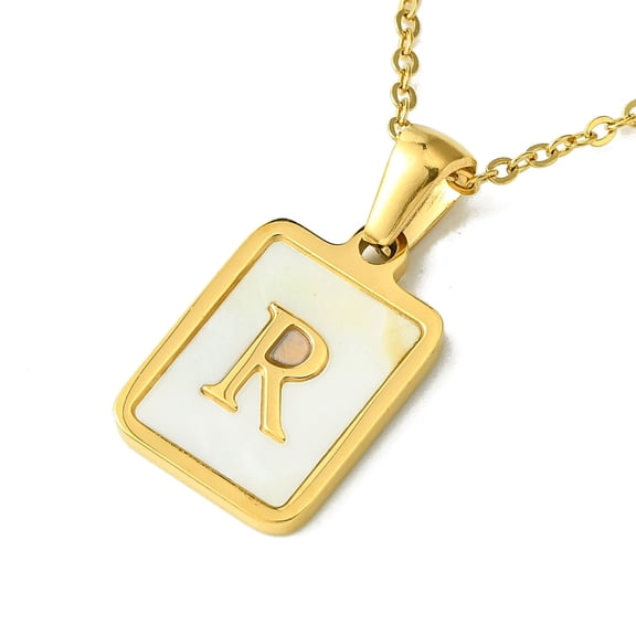 10pc Ion Plating(IP) Rectangle with Initial Letter 304 Stainless Steel Pendant Necklace white Shell Real 18K Gold Plated Letter R 16.06 inch(40.8cm)