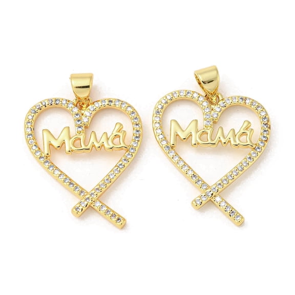 10pc Mother's Day Theme Rack Plating Brass Micro Pave Cubic Zirconia Pendants Long-Lasting Plated Lead Free & Cadmium Free Heart and Word Mama Charms Real 18K Gold Plated 23.5x19x2mm Hole: 5x3mm