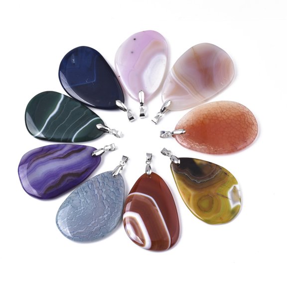 10pc Natural Agate Big Pendants with Platinum Plated Brass Pinch Bails Dyed Teardrop Mixed Color 58~59x38~40x5~7mm Hole: 4x5mm