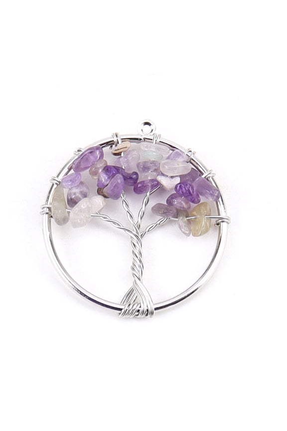 10pc Natural Amethyst Tree fo Life Pendants Iron Ring Chip Gems Tree Charms Platinum 30mm