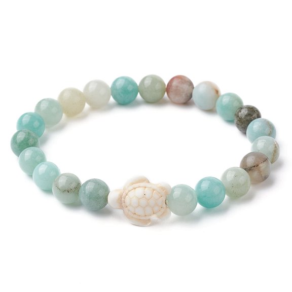 10pc Natural Flower Amazonite Round & Synthetic Turquoise Turtle Beaded Stretch Bracelet for Women Inner Diameter: 2-1/8 inch(5.5cm)