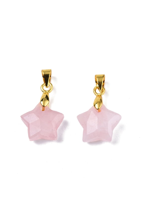 10pc Natural Rose Quartz Charms with Golden Plated Brass Findings Faceted Star Star: 12x12.5x5.5mm Hole: 3.5x4mm