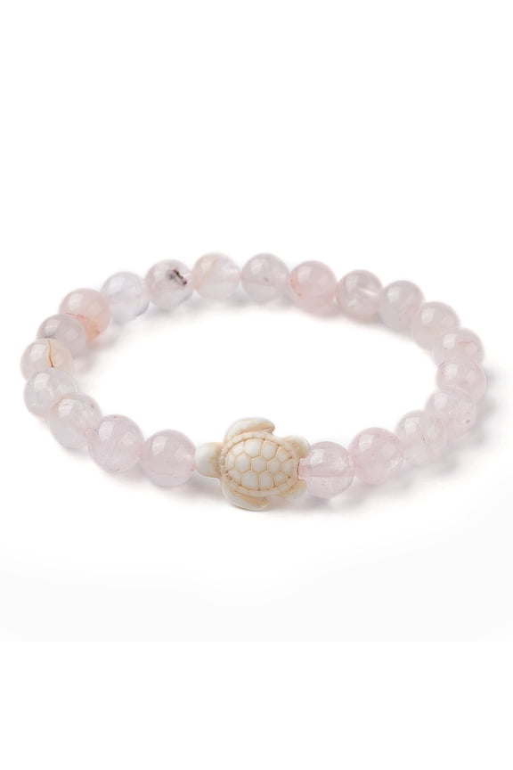10pc Natural Rose Quartz Round & Synthetic Turquoise Turtle Beaded Stretch Bracelet for Women Inner Diameter: 2-1/8 inch(5.5cm)