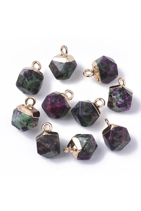 10pc Natural Ruby in Zoisite Charms with Top Golden Plated Iron Loops Star Cut Round Beads 12x10x10mm Hole: 1.8mm