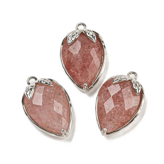 10pc Natural Strawberry Quartz Faceted Pendants Rack Plating Brass Strawberry Charms Platinum 18x11x5~5.5mm Hole: 1.2mm