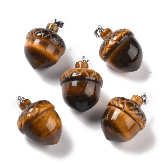10pc Natural Tiger Eye Pendants with Rack Plating Brass Findings Cadmium Free & Lead Free Real Platinum Plated Acorns 29x20~21mm Clasp: 5x4mm
