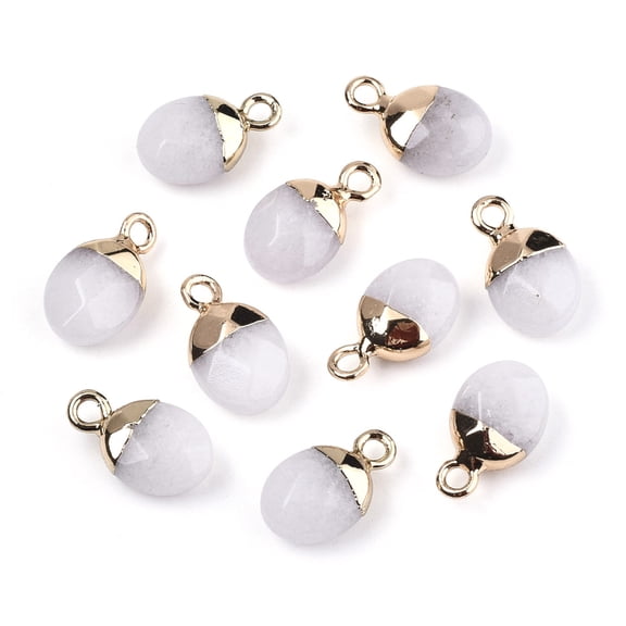 10pc Natural White Jade Charms Top Light Gold Plated with Iron Loop Oval Faceted Dyed & Heated 14~15x8x5mm Hole: 1.8mm