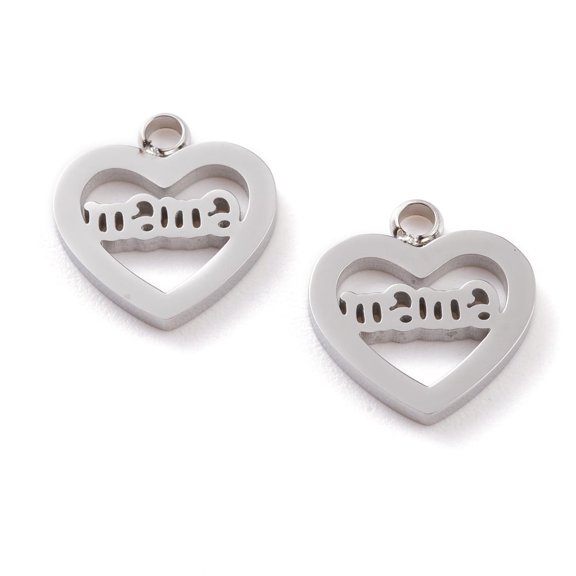 10pc Non-304 Stainless Steel Charms Laser Cut Heart with Word Mama for Mother's Day Stainless Steel Color 13x12x1.5mm Hole: 1.6mm