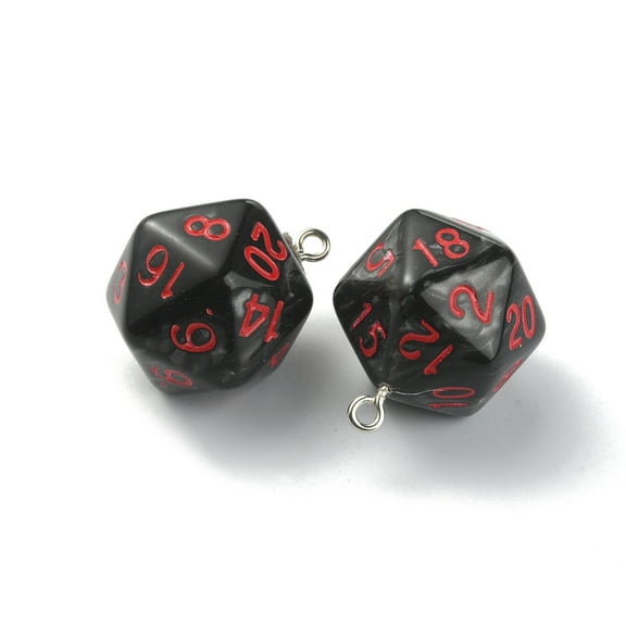 10pc Opaque Resin Polyhedral Dice Pendants 20 Sided Dice Charm with Platinum Tone Iron Loops Black 27x20x20mm Hole: 2mm