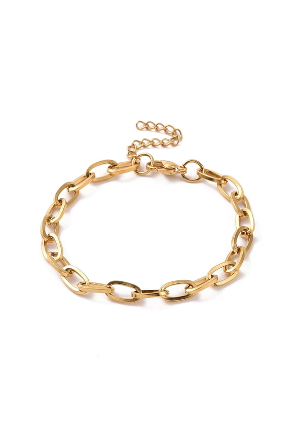 10pc PVD Vacuum Plating 304 Stainless Steel Cable Chain Bracelet for Men Women Golden 7~7-1/4 inch(17.9~18.5cm)