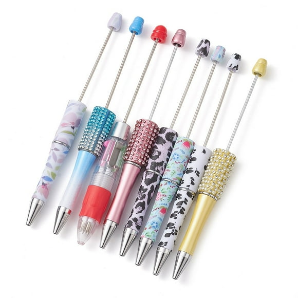 10pc Plastic Ball-Point Pen Printed & Rhinestone Style Beadable Pen for DIY Personalized Pen with Jewelry Bead Mixed Color 147~150x11.5~15mm