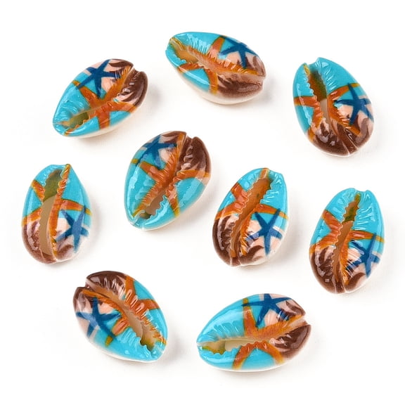 10pc Printed Cowrie Shell Beads No Hole/Undrilled Starfish/Sea Stars Pattern Colorful 17.5~21.5x12~14.5x5.5~7.5mm DIY