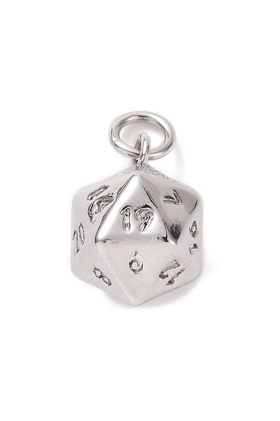 10pc Rack Plating Brass Charms with Jump Rings Long-Lasting Plated 20 Sided Dice Charm Platinum 13.5x9.5x9.5mm Hole: 3.2mm