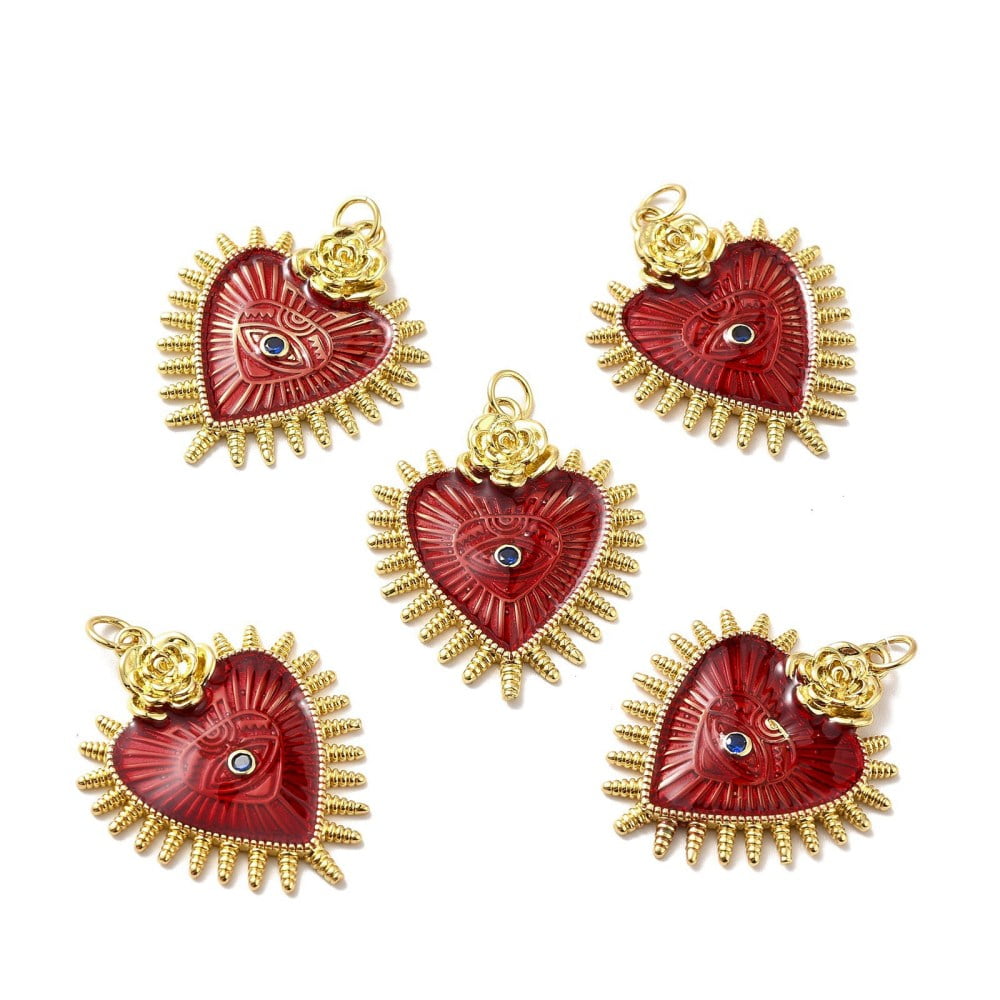 10pc Rack Plating Brass Enamel Pendants Grade AAA Cubic Zirconia Heart with Eye Red 30x25x3.5mm Jump Ring: 5x0.6mm Inner Diameter: 3.5mm