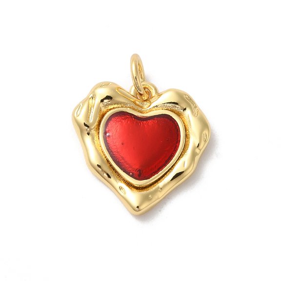 10pc Rack Plating Brass Enamel Pendants with Jump Ring Long-Lasting Plated Cadmium Free & Lead Free Heart Charm Real 18K Gold Plated Red 18x15x3mm Hole: 3mm