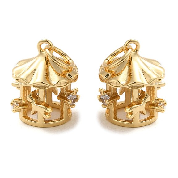 10pc Rack Plating Brass Micro Pave Clear Cubic Zirconia Pendants Cadmium Free & Lead Free Carousel Real 18K Gold Plated 12x10.5x9.5mm