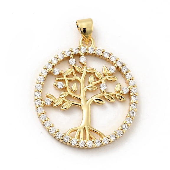 10pc Rack Plating Brass Micro Pave Cubic Zirconia Pendants Long-Lasting Plated Lead Free & Cadmium Free Round Ring with Tree of Life Real 18K Gold Plated 28.5x25x2.5mm Hole: 3.5x4mm