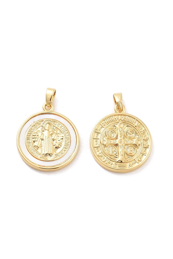10pc Rack Plating Brass Pave Shell Flat Round Pendants Saint Benedict Medal Charms Cadmium Free & Lead Free 22x19x3mm Hole: 5x2mm
