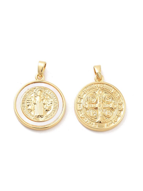 10pc Rack Plating Brass Pave Shell Flat Round Pendants Saint Benedict Medal Charms Cadmium Free & Lead Free 22x19x3mm Hole: 5x2mm